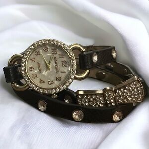Marysol leather rhinestones and bow wrap watch